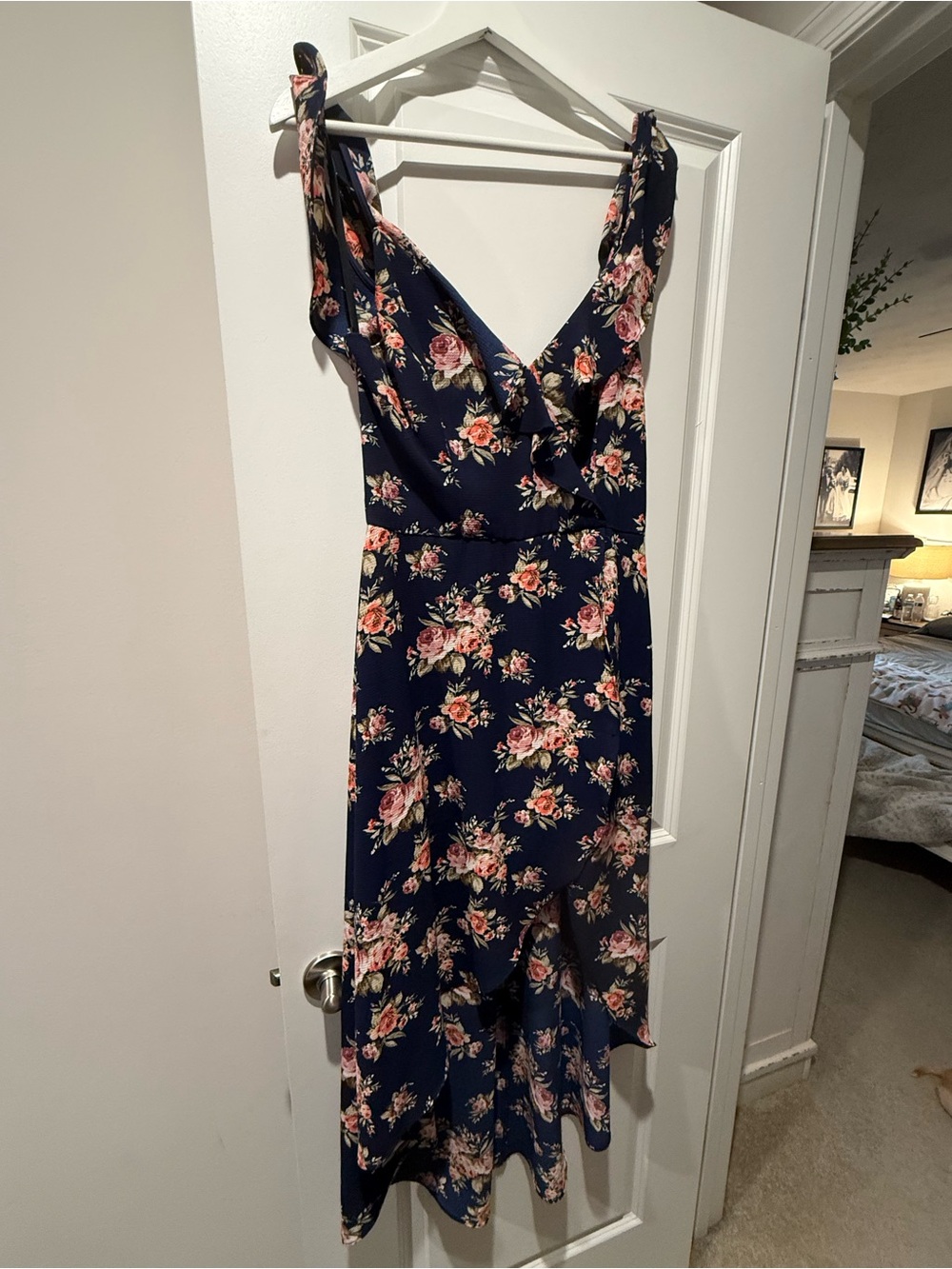Iz Byer Navy Floral Midi Dress with Pink Rose Print